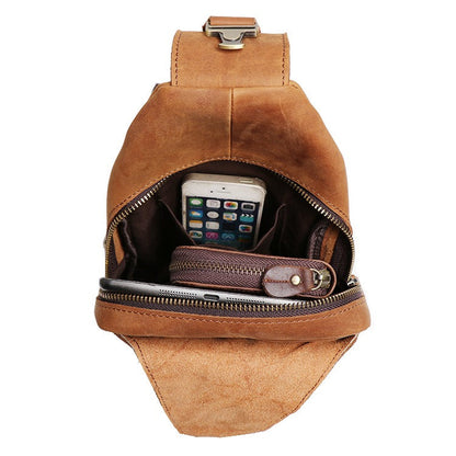 Tan Leather Men's Sling Bag Chest Bag Tan One shoulder Backpack Sling Pack For Men