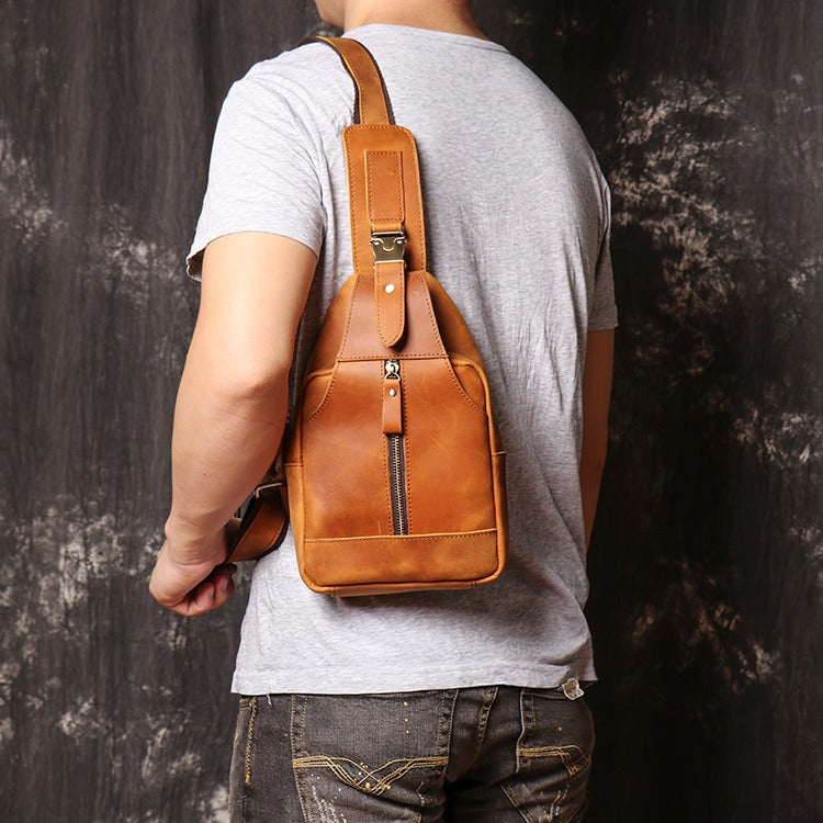 Tan Leather Men's Sling Bag Chest Bag Tan One shoulder Backpack Sling Pack For Men