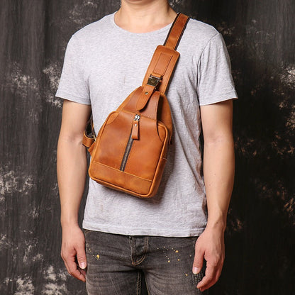 Tan Leather Men's Sling Bag Chest Bag Tan One shoulder Backpack Sling Pack For Men