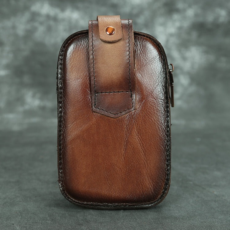 Tan Leather Mens Phone Holster Belt Pouch Mini Waist Pouch Belt Bags For Men