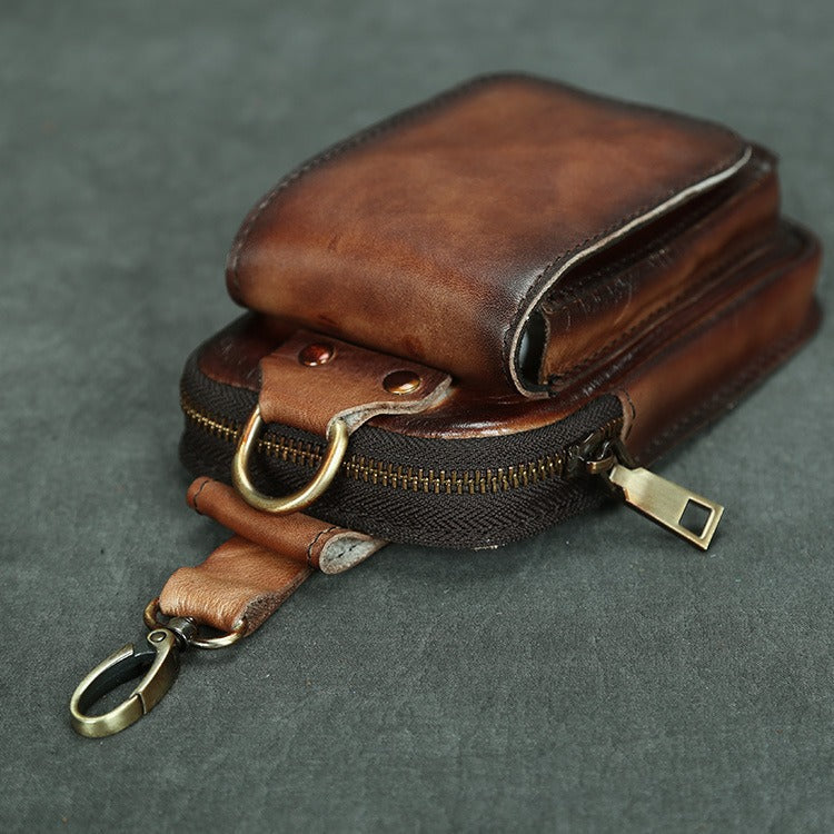 Tan Leather Mens Phone Holster Belt Pouch Mini Waist Pouch Belt Bags For Men