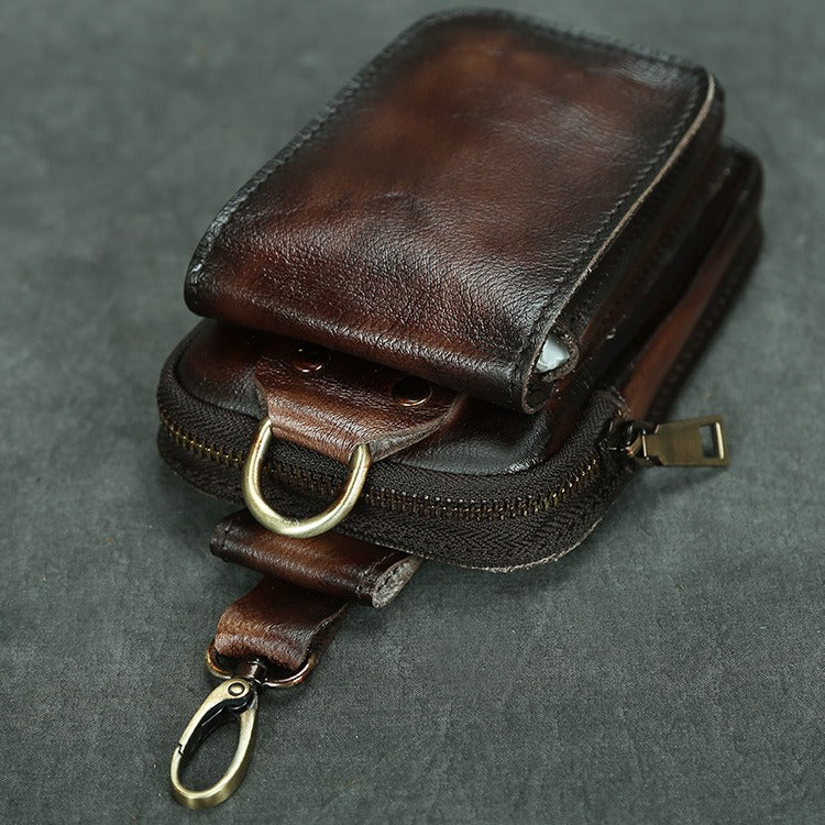 Coffee Leather Mens Phone Holster Belt Pouch Mini Waist Pouch Belt Bags For Men