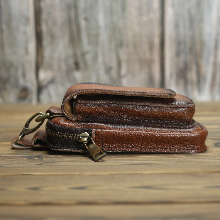 Tan Leather Mens Phone Holster Belt Pouch Mini Waist Pouch Belt Bags For Men