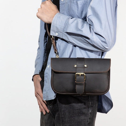 Coffee Leather Mens Slim Buckle Courier Bag Side Bag Small Messenger Bag For Men