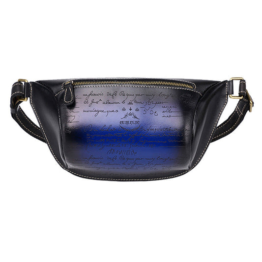 Tooled Blue Leather Fanny Pack Mens Waist Bag Hip Pack Belt Bag Bumbag for Men