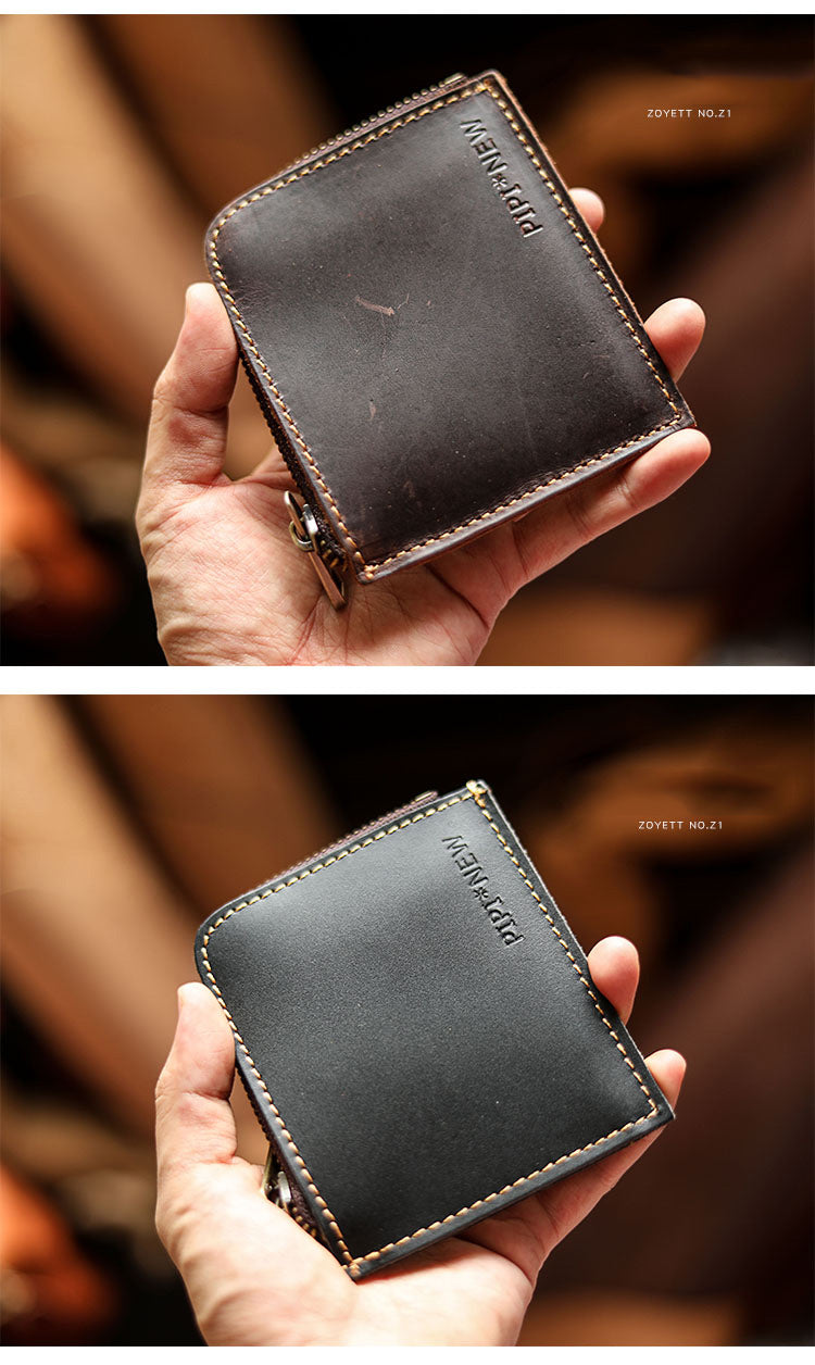 Handmade Slim Black Leather Mens billfold Wallet Zipper Small Wallet Front Pocket Wallet For Men