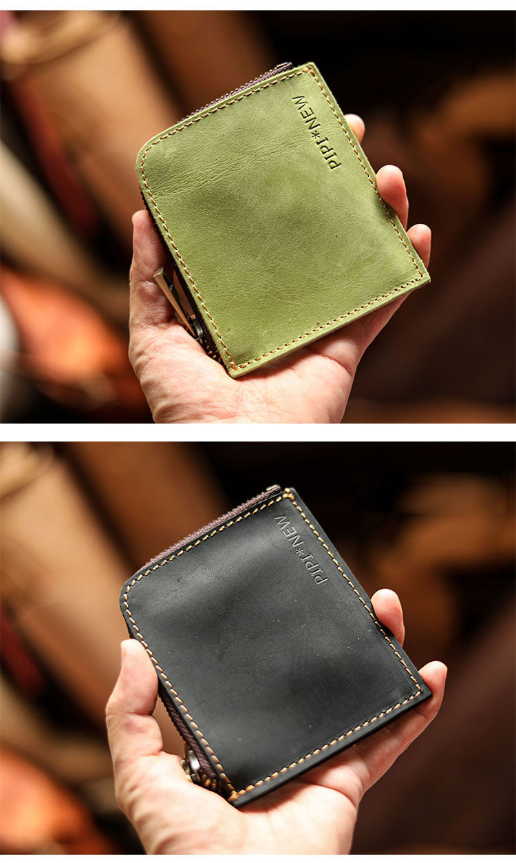 Handmade Slim Black Leather Mens billfold Wallet Zipper Small Wallet Front Pocket Wallet For Men