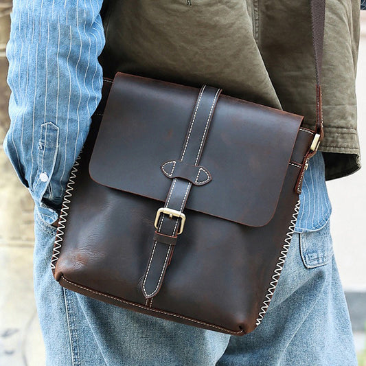 Vintage Coffee Leather Mens Side Bag Vertical Messenger BAG School Courier Bag FOR MEN