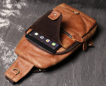 Vintage Brown Leather Sling Packs Sling Bags Chest Bags Leather Sling Crossbody Pack Travel Bag For Men