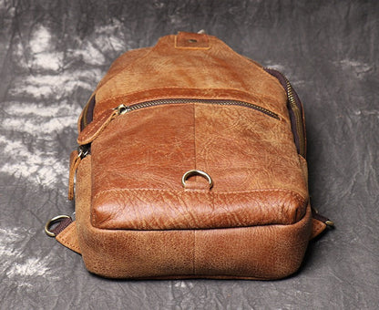 Vintage Brown Leather Sling Packs Sling Bags Chest Bags Leather Sling Crossbody Pack Travel Bag For Men