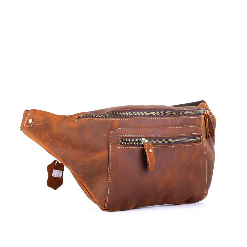 Vintage Leather Fanny Pack Men's Dark Brown Chest Bag Hip Bag Waist Bag For Men