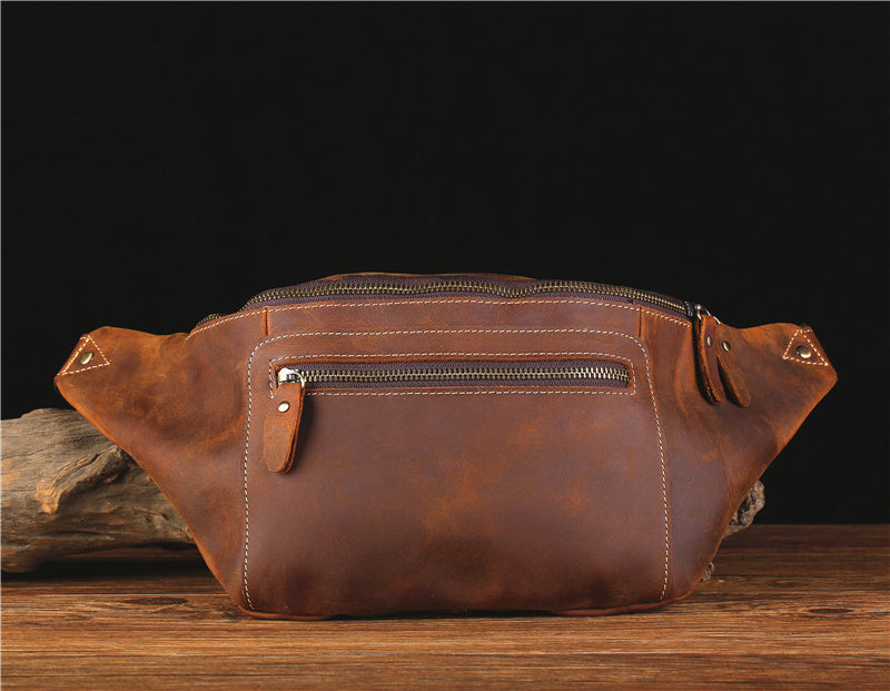 Vintage Leather Fanny Pack Men's Dark Brown Chest Bag Hip Bag Waist Bag For Men