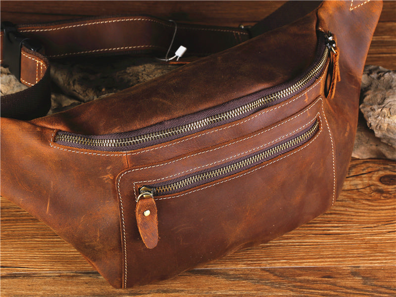 Vintage Leather Fanny Pack Men's Dark Brown Chest Bag Hip Bag Waist Bag For Men