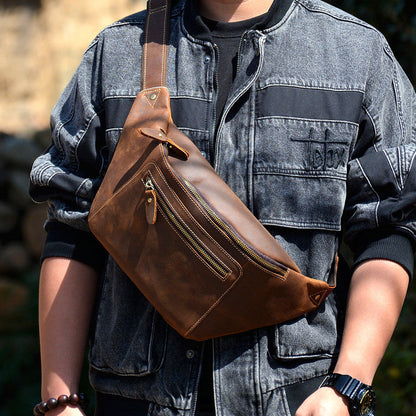 Vintage Leather Fanny Pack Men's Dark Brown Chest Bag Hip Bag Waist Bag For Men