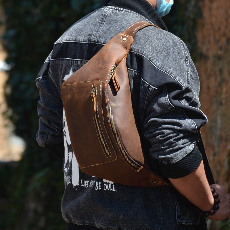 Vintage Leather Fanny Pack Men's Dark Brown Chest Bag Hip Bag Waist Bag For Men