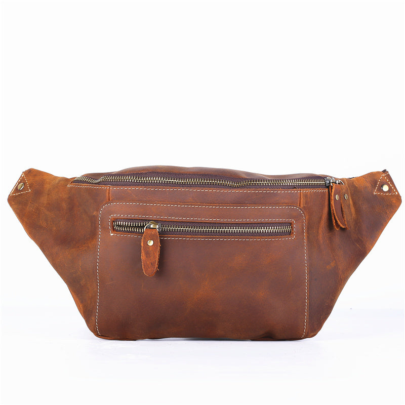 Vintage Leather Fanny Pack Men's Dark Brown Chest Bag Hip Bag Waist Bag For Men