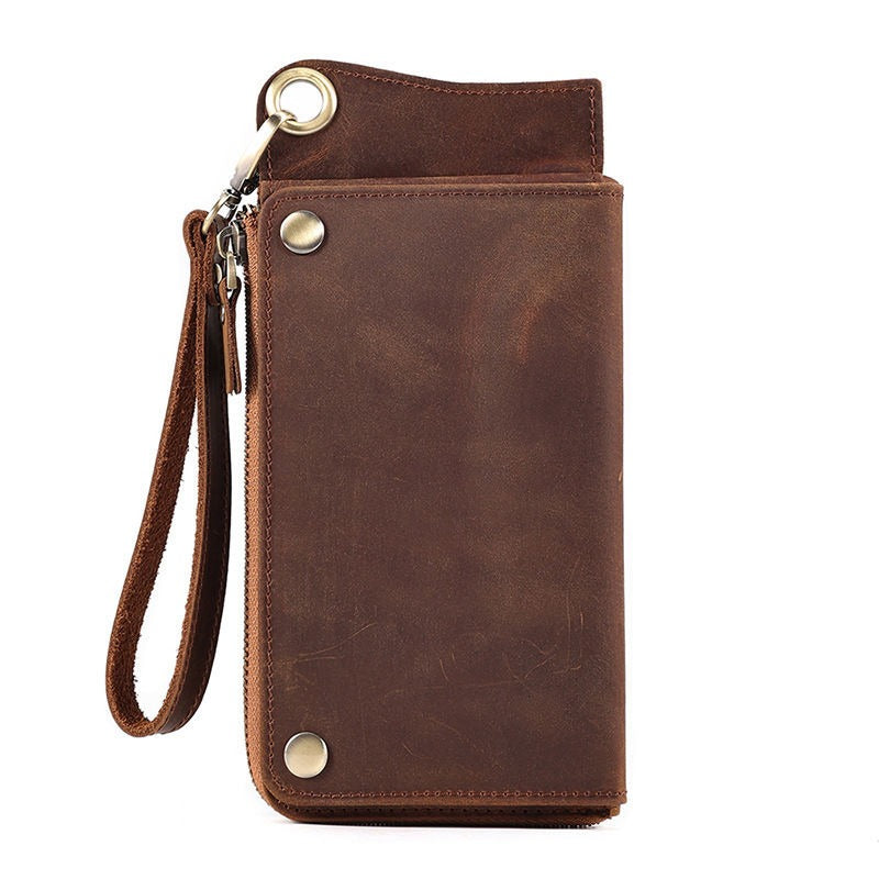 Vintage Leather Long Biker Wallet for Men Bifold Biker Chain Wallet Long Chain Wallet For Men