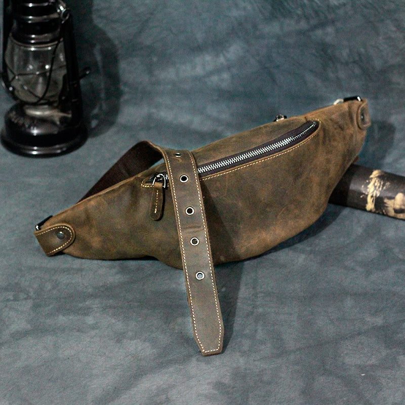 Vintage Tan Leather Men's Fanny Pack Brown Chest Bag Waist Bag For Men