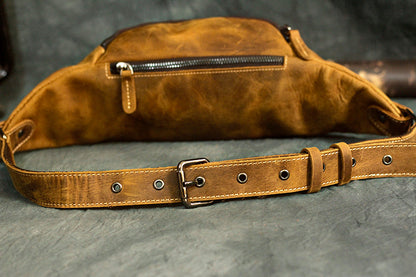 Vintage Tan Leather Men's Fanny Pack Brown Chest Bag Waist Bag For Men