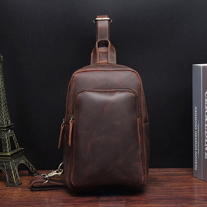 Vintage Leather Men's Sling Bag Chest Bag Dark Brown One shoulder Backpack For Men