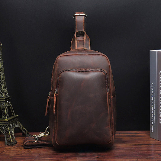 Vintage Leather Men's Sling Bag Chest Bag Dark Brown One shoulder Backpack For Men