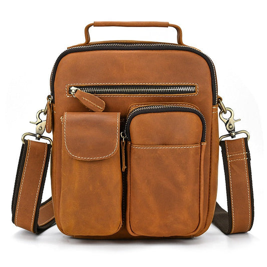 Vintage Leather Men's Vertical Messenger Bag Brown Side Bag Vertical Messenger Bag For Men