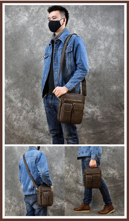 Leather Men's Vertical Messenger Bag Coffee Side Bag Vertical Messenger Bag For Men