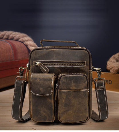 Leather Men's Vertical Messenger Bag Coffee Side Bag Vertical Messenger Bag For Men