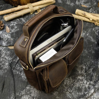 Leather Men's Vertical Messenger Bag Coffee Side Bag Vertical Messenger Bag For Men