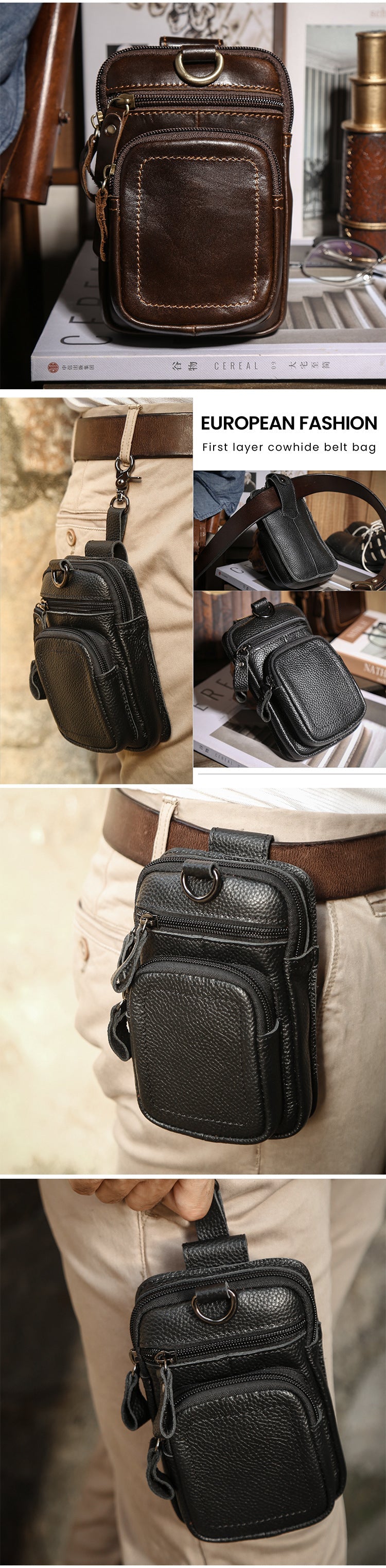 Vintage Leather Mens Phone Holster Belt Pouch Black Waist Pouch Belt Bags For Men