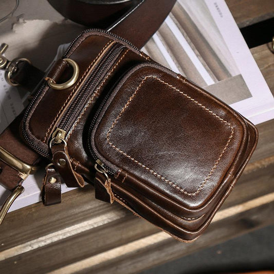 Vintage Leather Mens Phone Holster Belt Pouch Coffee Waist Pouch Belt Bags For Men