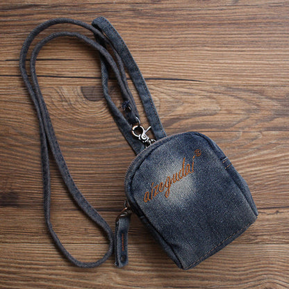 Vintage Mens Denim Mini Pouch Denim Small Card Coin Purse with Lanyard for Women