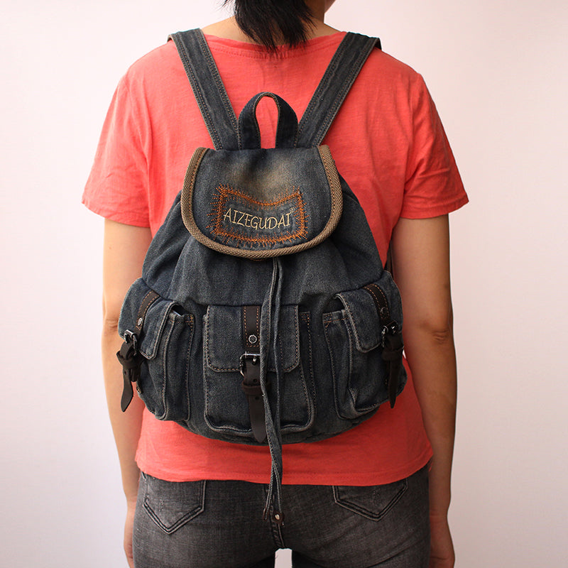 Vintage Womens Denim Backpacks School Backpack Blue Denim School Rucksack For Women