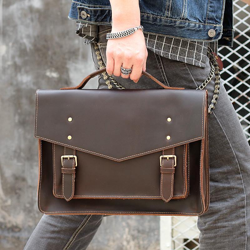 Vintage Brown Mens Leather Briefcase Work Handbag Black 14'' Computer Briefcases For Men