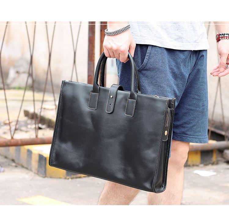 Vintage Black Mens Leather Briefcase Work Handbags Blue 14'' Computer Briefcases For Men