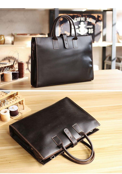 Vintage Black Mens Leather Briefcase Work Handbags Blue 14'' Computer Briefcases For Men