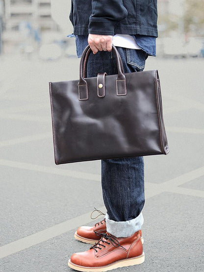 Vintage Black Mens Leather Briefcase Work Handbags Blue 14'' Computer Briefcases For Men