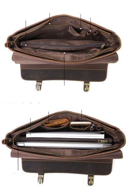 Vintage Black Mens Leather Briefcase Work Handbags Brown 14'' Computer Briefcases For Men