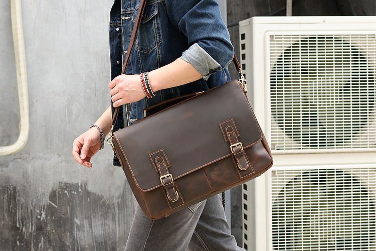 Vintage Black Mens Leather Briefcase Work Handbags Brown 14'' Computer Briefcases For Men