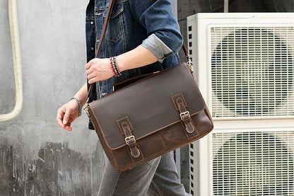 Vintage Black Mens Leather Briefcase Work Handbags Brown 14'' Computer Briefcases For Men