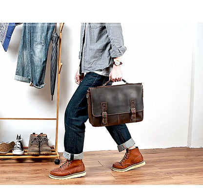 Vintage Black Mens Leather Briefcase Work Handbags Brown 14'' Computer Briefcases For Men