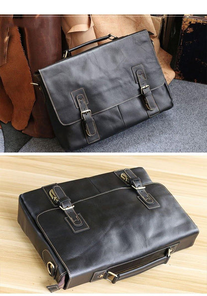 Vintage Black Mens Leather Briefcase Work Handbags Brown 14'' Computer Briefcases For Men