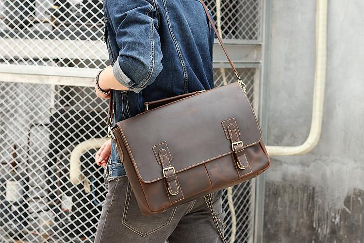 Vintage Black Mens Leather Briefcase Work Handbags Brown 14'' Computer Briefcases For Men