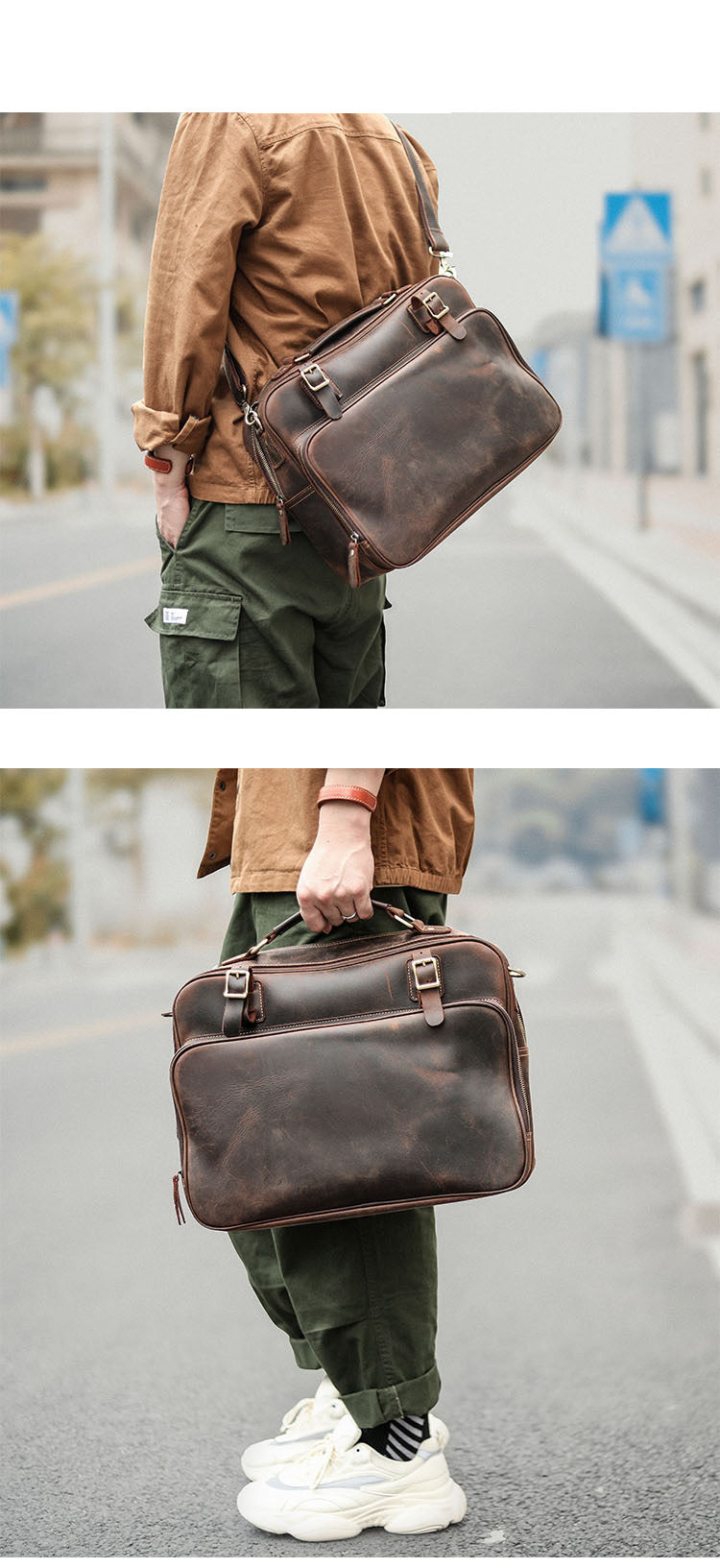 Vintage Dark Brown Mens Leather Briefcase Work Handbag Brown 15'' Computer Briefcase For Men