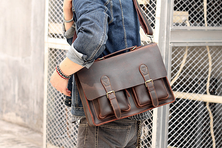 Vintage Dark Brown Mens Leather Briefcase Work Handbag Dark Coffee 14'' Computer Briefcase For Men