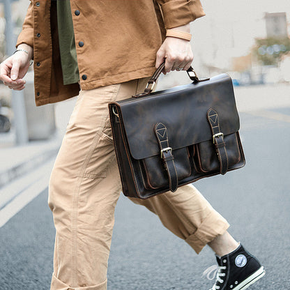 Vintage Dark Brown Mens Leather Briefcase Work Handbag Dark Coffee 14'' Computer Briefcase For Men