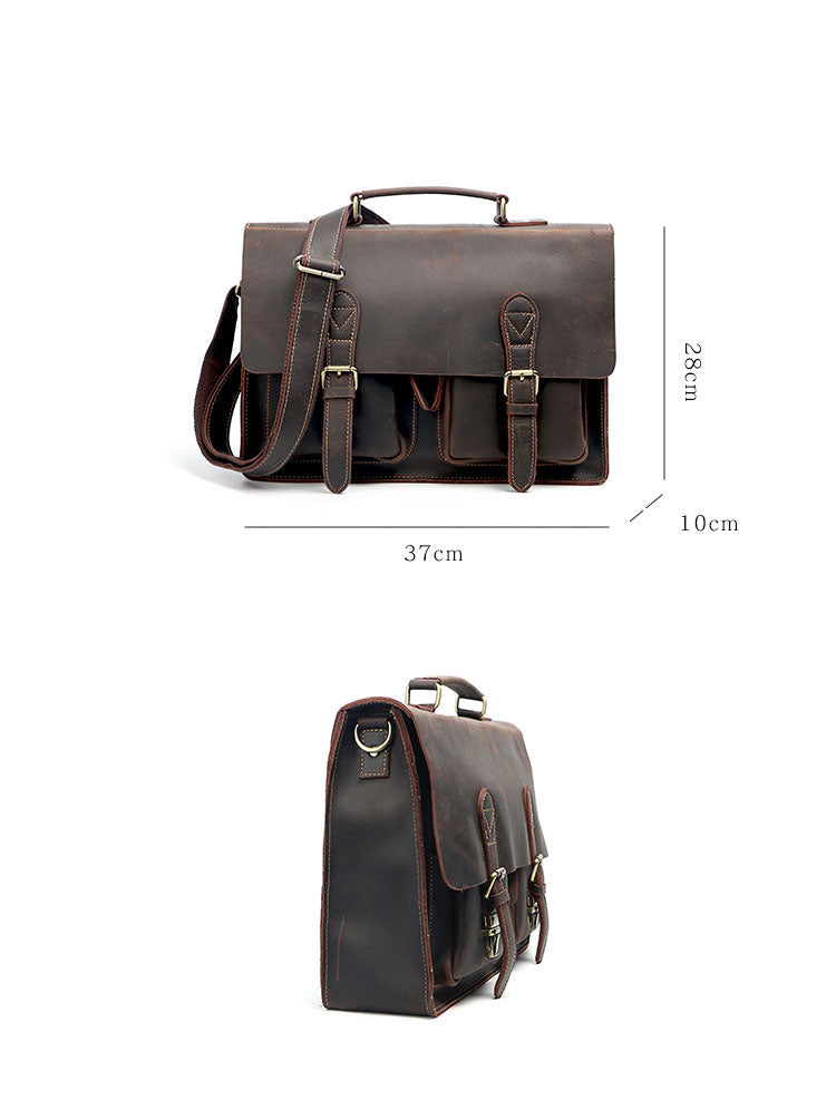 Vintage Dark Brown Mens Leather Briefcase Work Handbag Dark Coffee 14'' Computer Briefcase For Men