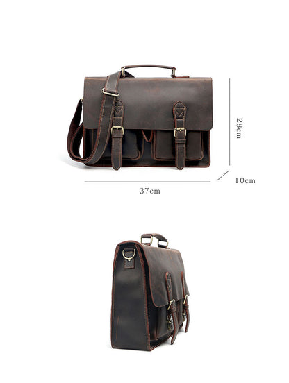 Vintage Dark Brown Mens Leather Briefcase Work Handbag Dark Coffee 14'' Computer Briefcase For Men