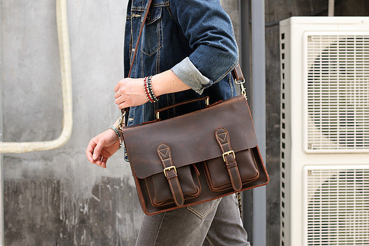 Vintage Dark Brown Mens Leather Briefcase Work Handbag Dark Coffee 14'' Computer Briefcase For Men