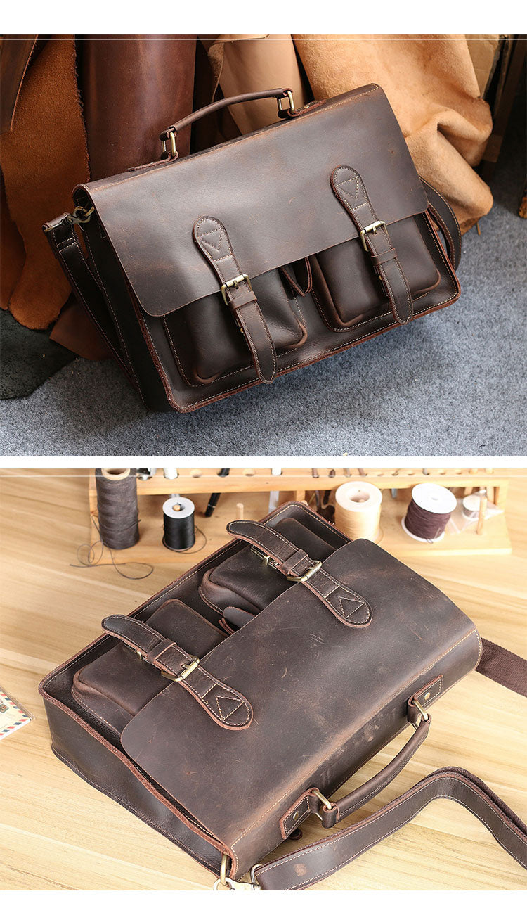 Vintage Dark Brown Mens Leather Briefcase Work Handbag Dark Coffee 14'' Computer Briefcase For Men